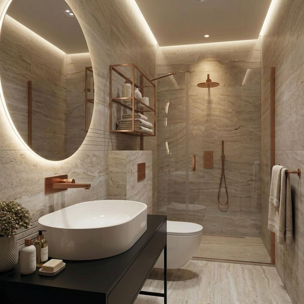 łazienka nowoczesna w stylu hotelowym z omnires Contour miedź szczotkowana 