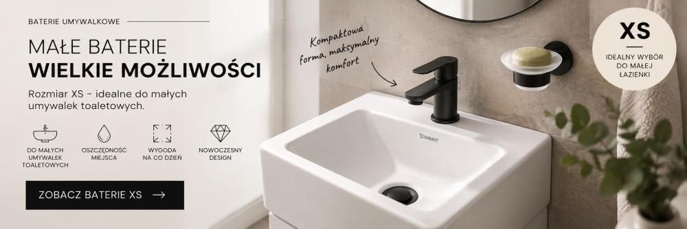 Mała bateria umywalkowa XS zamontowana na małej umywalce toaletowej