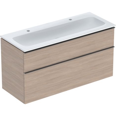 GEBERIT iCon podwójna umywalka z szafką 120 cm, dąb naturalny umywalka biała z powłąka KeraTect 502334JH1