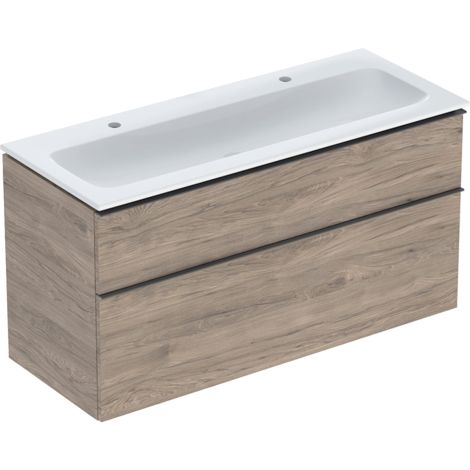 GEBERIT iCon podwójna umywalka z szafką 120cm orzech hikorowy, umywalka biały z KeraTect 502334JR1