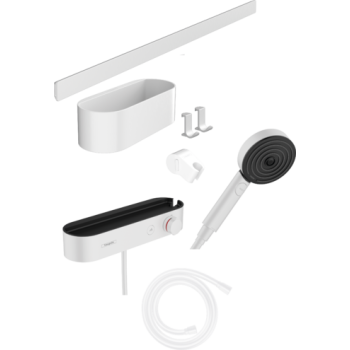 - HANSGROHE WallStoris Pakiet słuchawka prysznicowa, bateria termostatyczna, panel ścienny biały mat 24250700 - 24250700 - Łazienki Szydłowski