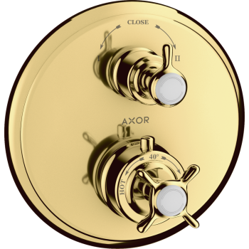 - AXOR Montreux Bateria termostatyczna z uchwytem krzyżowym i zaworem odcinająco-przełączającym złoty optyczny polerowany 16820990 - 16820990 - Łazienki Szydłowski