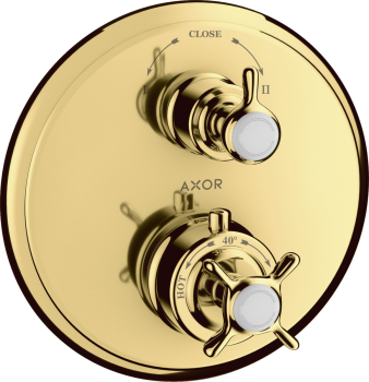 - AXOR Montreux Bateria termostatyczna z uchwytem krzyżowym i zaworem odcinająco-przełączającym złoty optyczny polerowany 16820990 - 16820990 - Łazienki Szydłowski