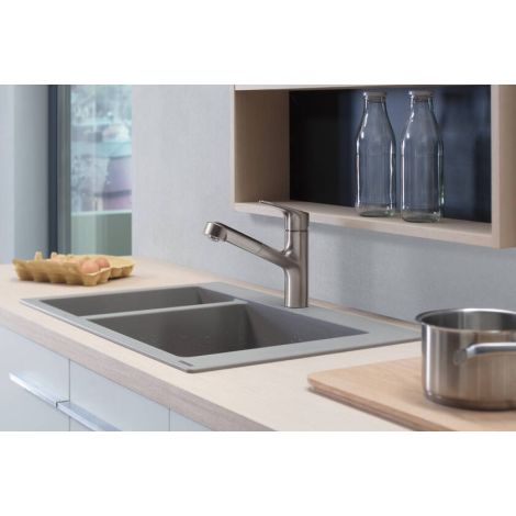  - Hansgrohe Focus M43 Jednouchwytowa bateria kuchenna 150, EcoSmart, wyciągana wylewka, 1jet stal nierdzewna 71842800 - 71842800 - Łazienki Szydłowski