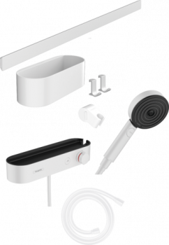 HANSGROHE WallStoris Pakiet słuchawka prysznicowa, bateria termostatyczna, panel ścienny biały mat 24250700