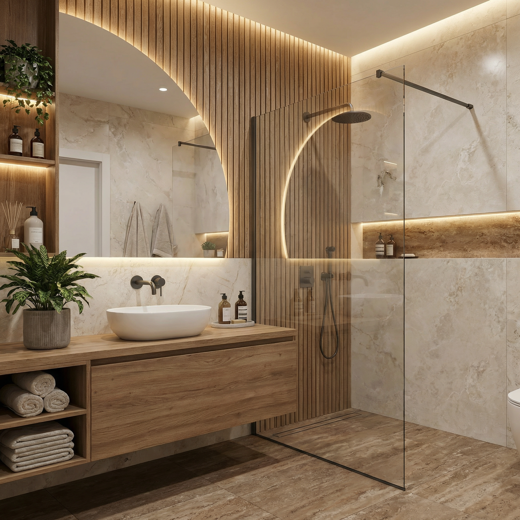 Łazienka walk-in z drewnem