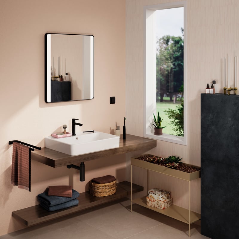 prostokątna umywalka stawiana na blat