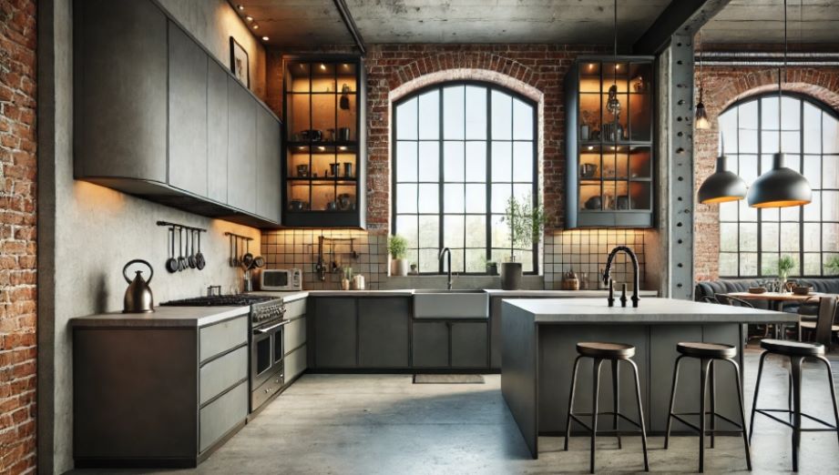 kuchnia w stylu loft z zlewem ceramicznym 