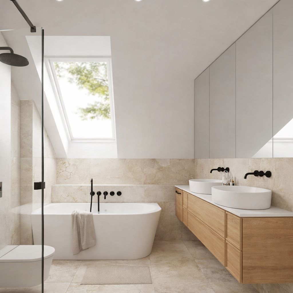 mała łazienka z wanna przyscienna i prysznicem