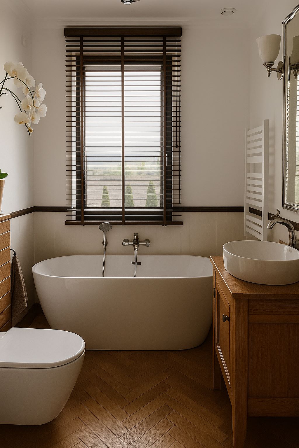 wanna wolnostojąca w małej łazience pod oknem